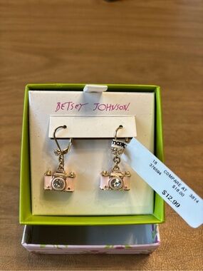 Betsey Johnson Pink and Gold Camera Charm Drop Earrings